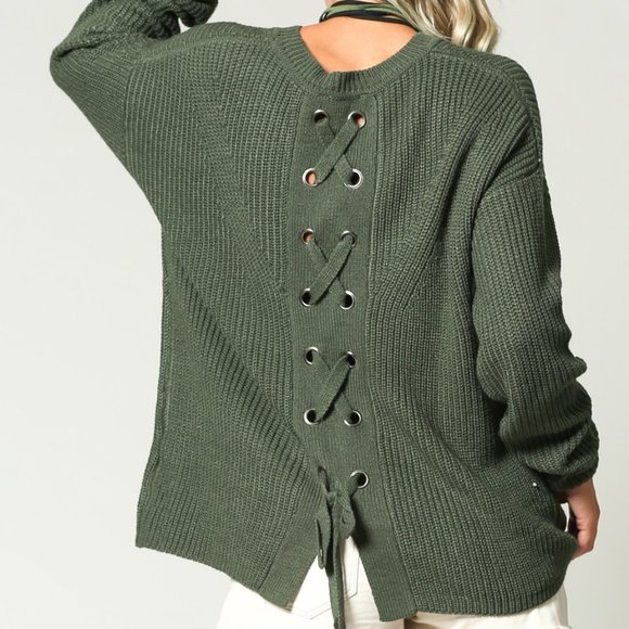 sunsparkles Sweaters - Olive eyelet lace up pullover sweater